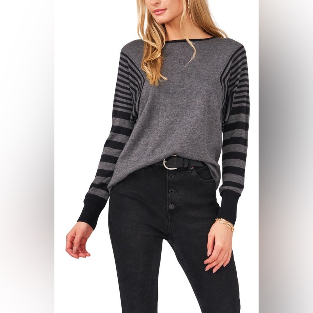 Vince Camuto‎ Womens Grey Black Striped Dolman Sleeve Boat Neck Sweater XS
